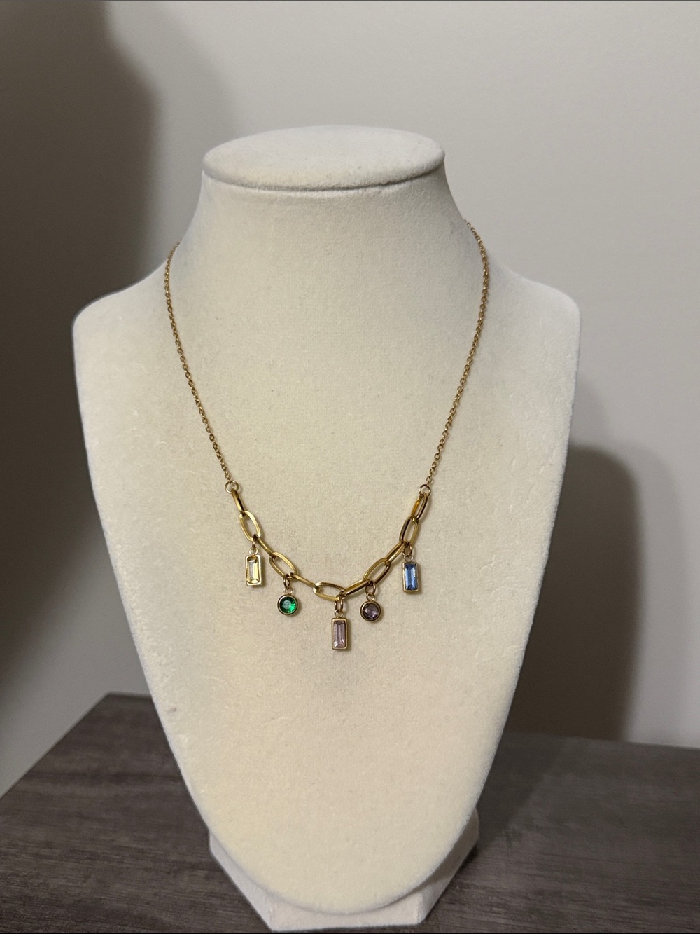Gold plated stainless steel multi color charm necklace